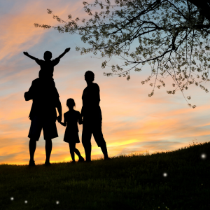 Silhouette of two adults and two children at sunset