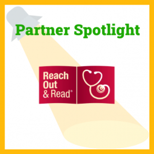 Reach Out and Read logo with text saying Partner Spotlight and an illustration of a spotlight