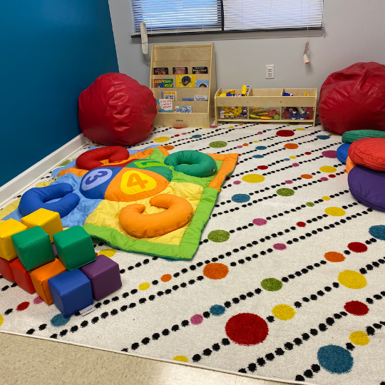 Photo of a room with play mat, colorful rug, books and toys - the new interactive learning center