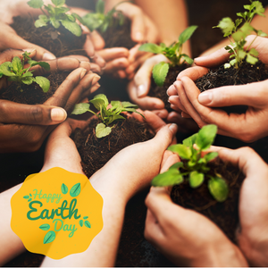 many hands holding plants and dirt. text reads happy earth day